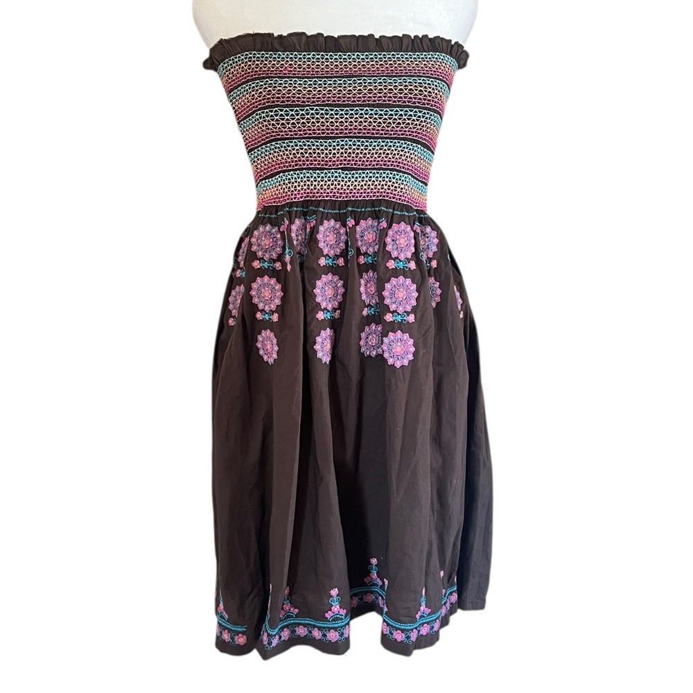 Moda Boho Embroidered Strapless Mini Dress Brown Pink Festival S